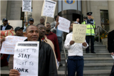 19.4.05. Dublin. Protest by Nigerian asylum seekers outside Leinster Hse & Dept of Justice asking for the right to stay & work and contribute to Irish society and some to stay with their families and Irish born children. ©Photo by Derek Speirs