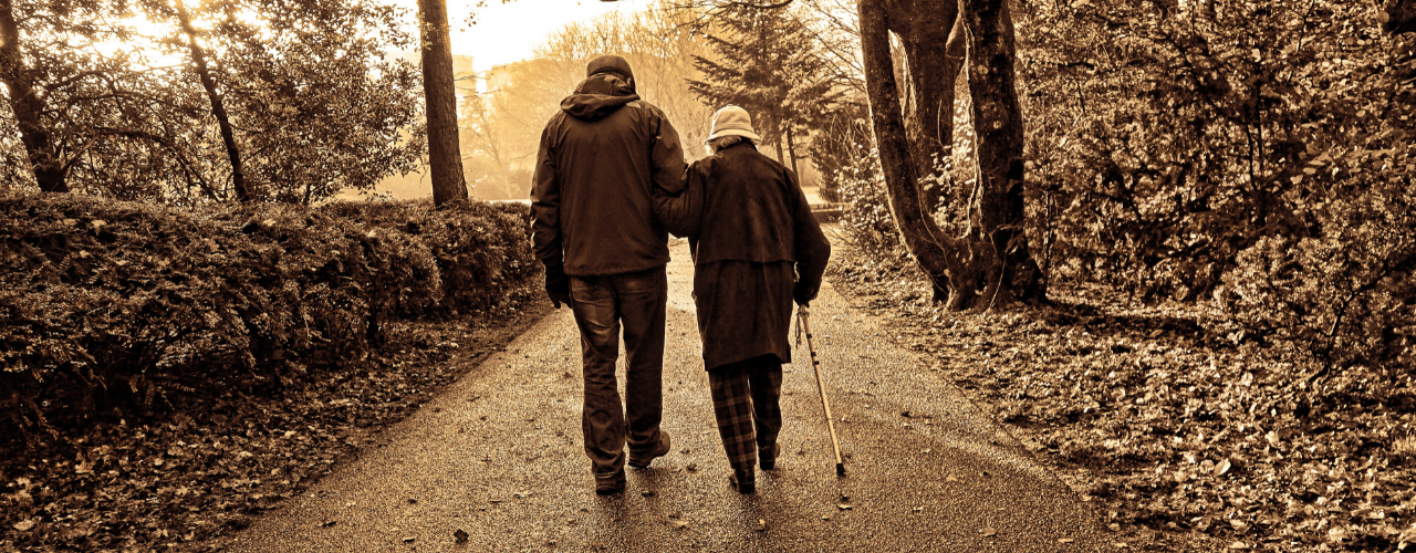 elderly couple walking in a park